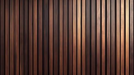 Fototapeta premium Walnut wood slat wall, vertical timber battens, rich brown tones, architectural detail, geometric pattern, parallel lines, textured surface, warm wood grain, modern interior design.