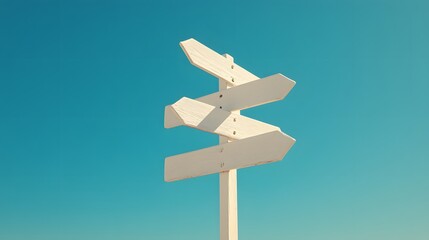 White wooden directional sign post, multiple blank arrows, clear blue sky background, minimalist design, clean and simple, 3D rendering, high contrast, soft shadows.
