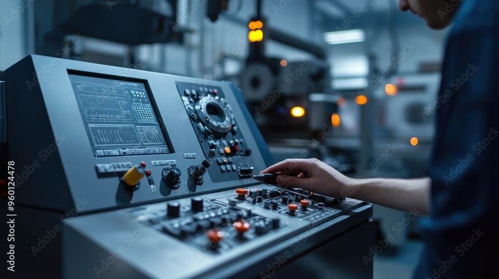 Poster a close-up of a machine control panel in an industrial setting, showing various buttons and screens.