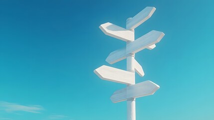 White wooden directional sign post, multiple blank arrows, clear blue sky background, minimalist design, clean and simple, 3D rendering, high contrast, soft shadows.