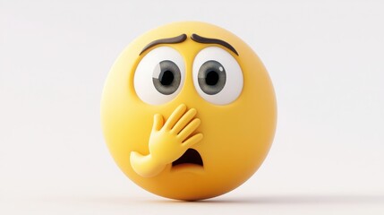 Fototapeta premium A 3D cartoon emoji with a shocked expression, wide eyes, and a hand covering its mouth, showing surprise or disbelief, on a white background 