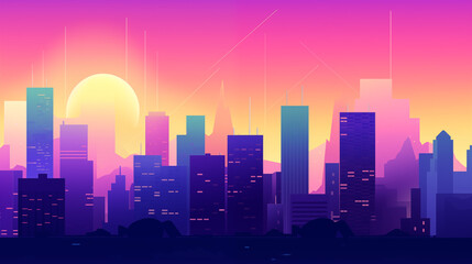 Naklejka premium Sunset Cityscape With Glowing Skyscrapers And Colorful Horizon