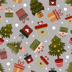 Seamless Christmas pattern decorated with christmas tree and gifts cartoon style. Vector design for festive cards, postcard, invitation