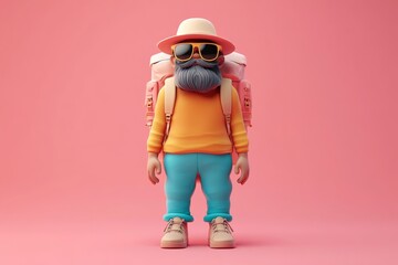 This image shows a cartoon hiking figure with a beard, colorful clothes, and a backpack against a pink background. The figure looks cheerful and ready to explore.