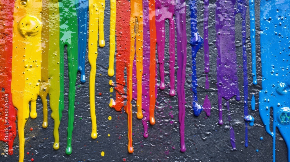 Poster an eye-catching display of vibrant paint drips in a rainbow of colors cascading down a textured blac