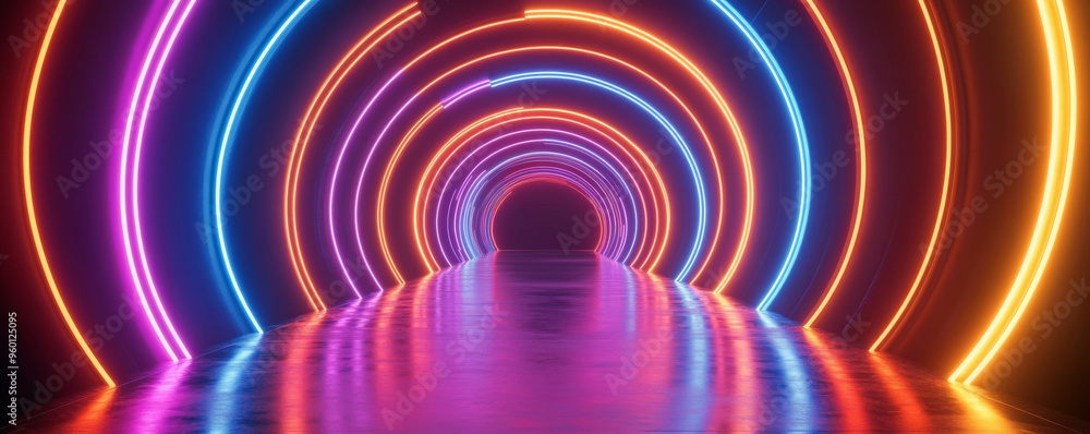 Poster a neon lighting background with a series of glowing orange and blue neon rings, creating a futuristi