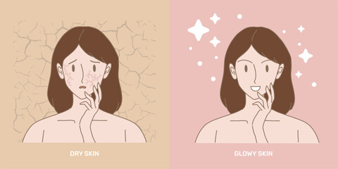 Face of woman with skin problem compare with healthy skin. Girl touching dry skin and glowy skin by hand. Cracked background isolated. Hand drawn flat cartoon character vector illustration.