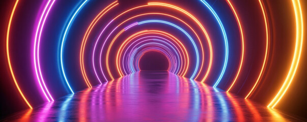 A neon lighting background with a series of glowing orange and blue neon rings, creating a futuristic tunnel effect that draws the viewer in.