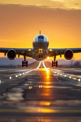 Rolgordijnen zonder boren  airplane taking off from the runway, sunset in background. AI generative. © Dar1930