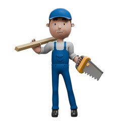 A 3D cartoon mechanic holding a saw in one hand and a wooden plank in the other, wearing blue overalls and smiling confidently..