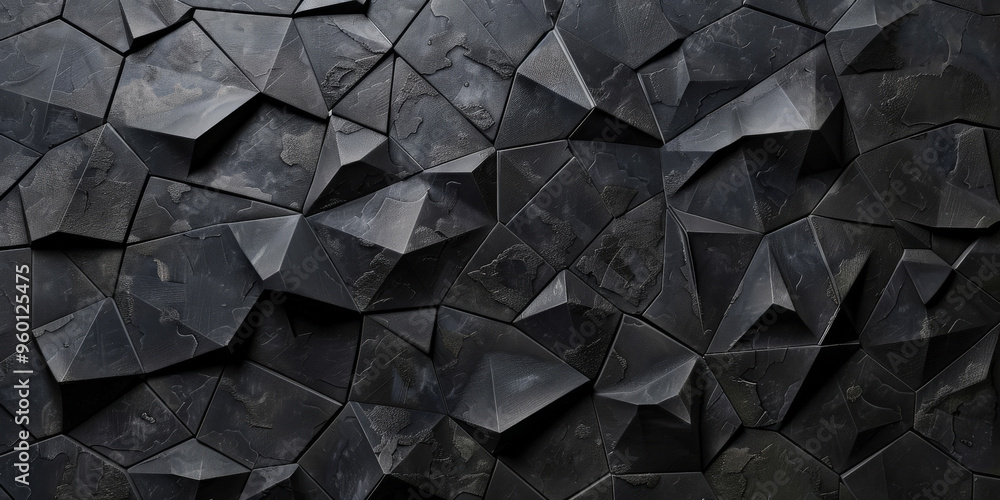 Aufkleber a dark black textured surface with a series of sharp, angular patterns creating a faceted effect. th