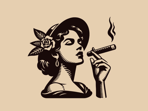 Cuba vintage retro emblem: Beautiful young Cuban woman smokes a cigar. Engraving black and white vector illustration, print