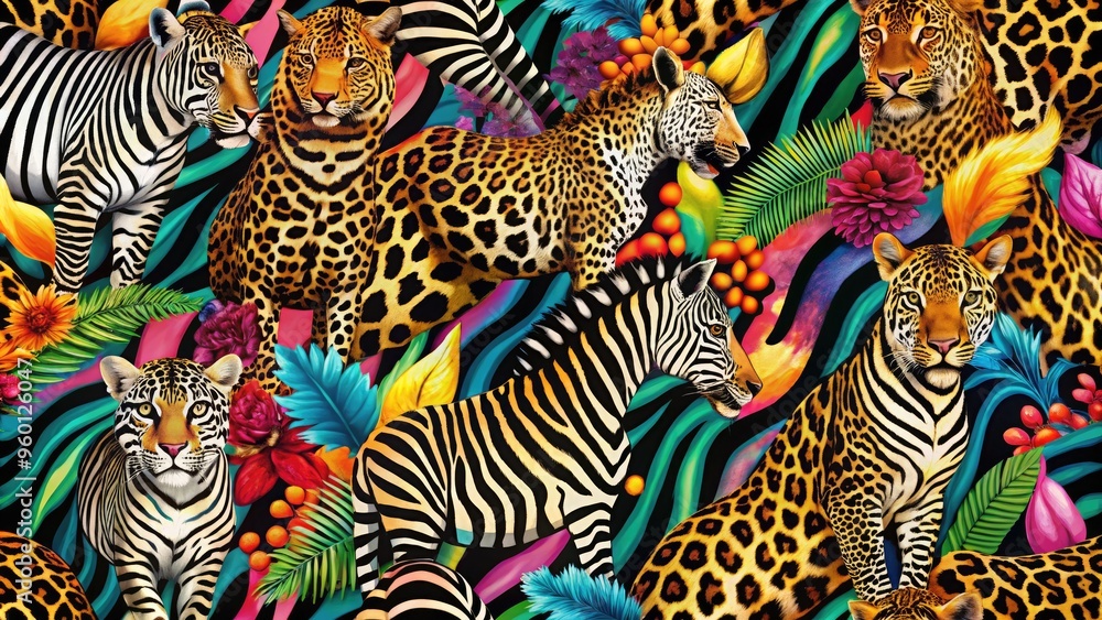 Wall mural vibrant colorful leopard and zebra print patterns intertwined in a bold, eye-catching design, perfec