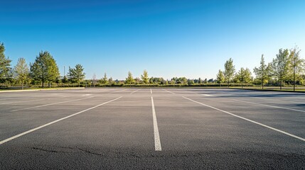 Fototapeta premium A spacious empty parking lot under a clear blue sky, with crisp lines and ample space, offering a clean and open environment.
