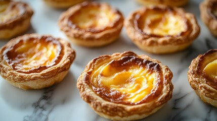 Delectable Egg Tarts Arranged on Marble Countertop Artisanal Bakery Delight