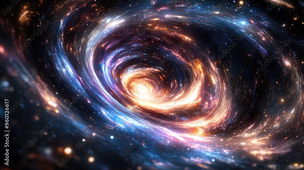 Poster a stunning ai-generated depiction of a glowing, swirling vortex in cosmic space, with vibrant colors