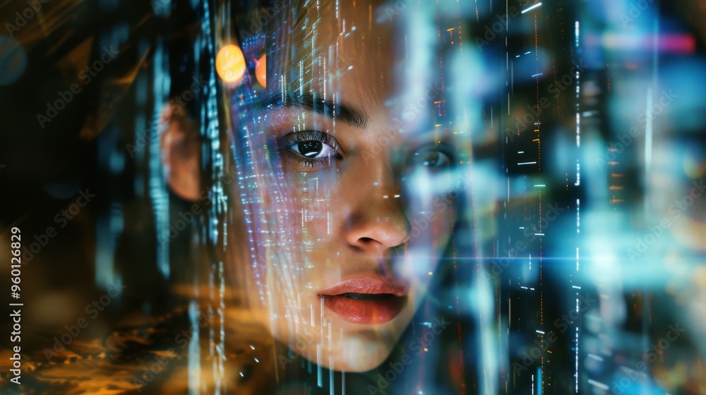 Poster close-up of a woman's face with digital light streaks overlay. the image creates a dynamic and futur