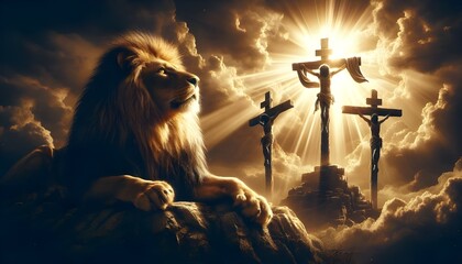 Lion of Judah Reigning Over Calvary&rsquo;s Three Wooden Crosses. A Cinematic Depiction of Crucifixion, Resurrection, and Life. Jesus Christ, Son of God, as Majestic Lion in Uplifting Art