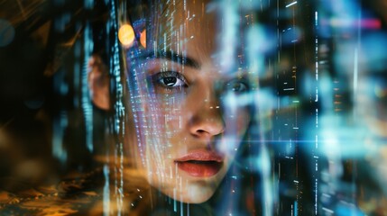 Close-up of a woman's face with digital light streaks overlay. The image creates a dynamic and futuristic ambiance, emphasizing the merging of human elements with advanced technology, ideal for tech
