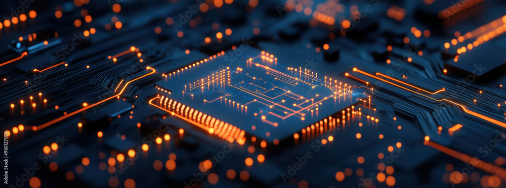Poster a close-up of an advanced microchip circuit board, glowing with intricate details and orange neon li