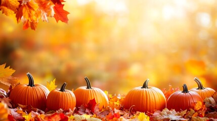 A charming autumn scene featuring an assortment of pumpkins on a bed of vibrant fall leaves. The pumpkins are various sizes and colors, set against a warm, golden light that enhances the autumn hues.