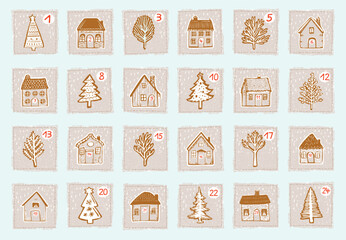 Whimsical Advent Calendar cottage door set with 1- 24 numbers for december festive Christmas countdown . Winter holiday social media promotion campaign motif collection.