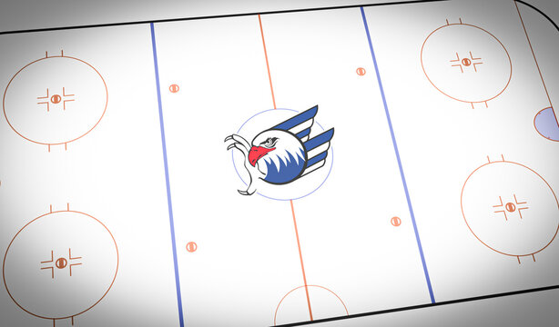 illustration of an ice hockey field with the logo of the Adler Mannheim, which means eagles, a german ice hockey team