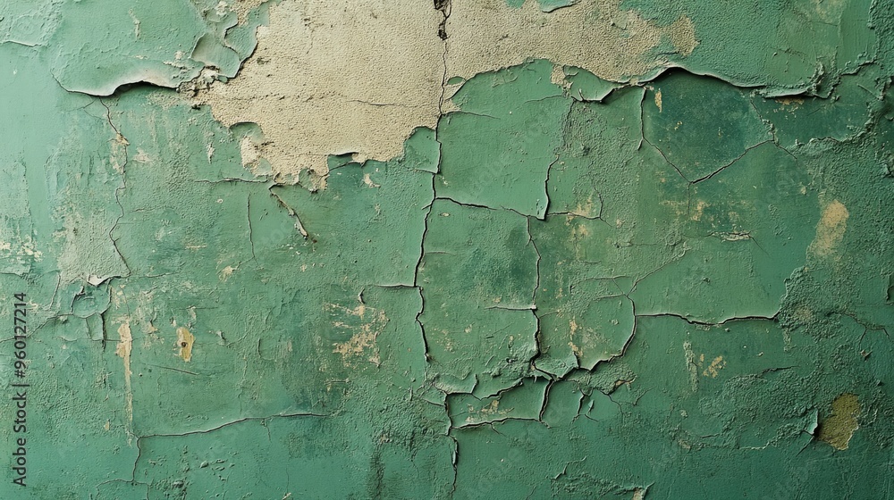 Poster a textured green wall with subtle cracks, creating a rustic and organic backdrop.