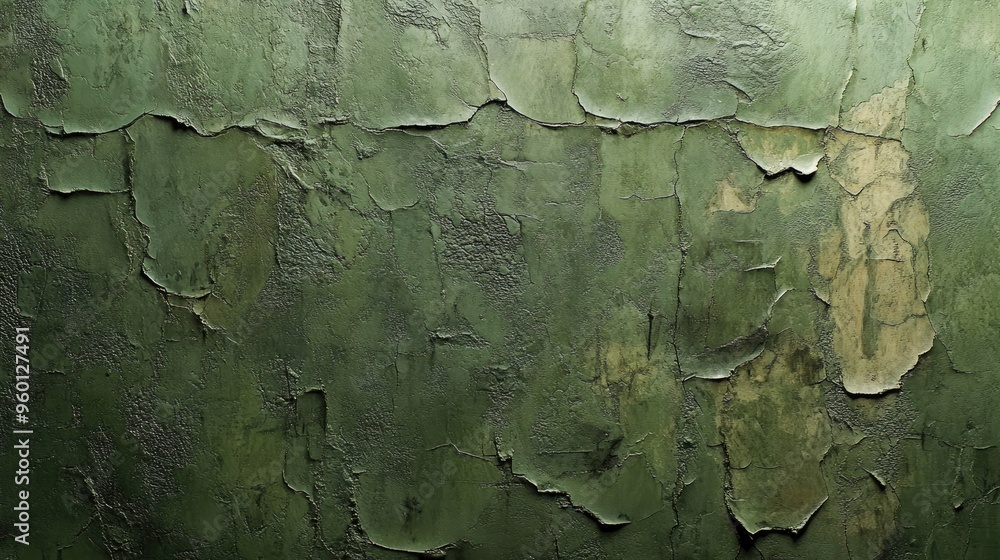 Poster a textured green wall with subtle cracks, creating a rustic and organic backdrop.