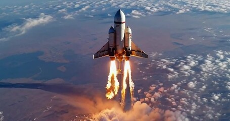 Rocket launch from a desert location with powerful engines igniting and clouds billowing in vibrant colors during a daytime ascent