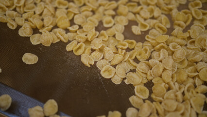 Orecchiette pasta drying on a mesh tray outdoors in bari, puglia, italy, showcasing traditional italian craftsmanship.
