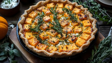 Golden butternut squash and goat cheese pie with rustic crust and fresh herbs