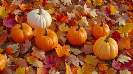 A delightful autumn scene featuring an array of pumpkins placed on a bed of colorful fall leaves. The pumpkins are in different sizes and shades of orange, set against a backdrop of rich autumn