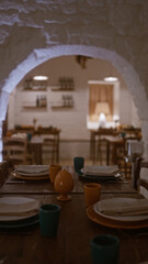 Rustic italian restaurant interior with cozy lighting, stone archway, and neatly set tables, indicating a warm and inviting dining atmosphere.
