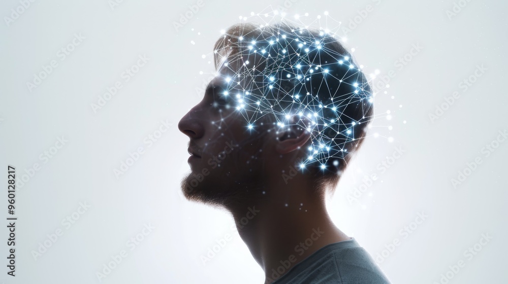 Aufkleber profile of a young man with an intricate network of digital connections overlaid, representing the f