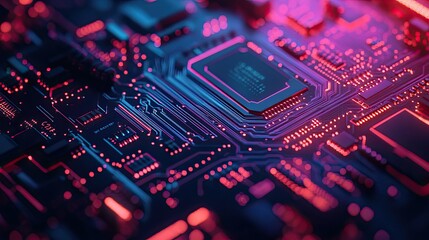 Obraz premium A close-up view of a circuit board with vibrant colors and intricate details.