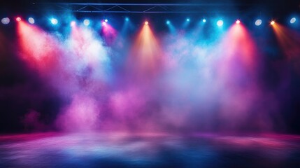 A vibrant concert stage illuminated by bright spotlights, with smoke creating a dramatic effect, perfect for live music and entertainment scenes.