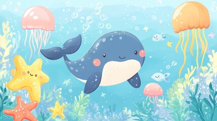 Obraz premium Cute whale swimming in the ocean with jellyfish and starfish.