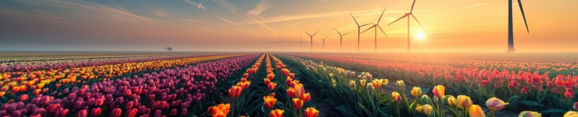 Obraz premium Vast tulip fields with wind turbines in the distance, blending natural beauty with renewable energy innovation.