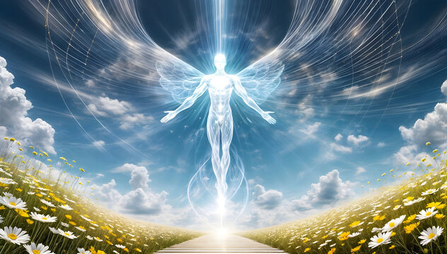 Celestial scene of male as an angelic being - white angel radiating light. He ascends a path lined with flowers towards the bright blue  sky