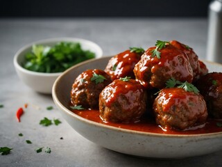 A bowl of delicious meatballs with sauce against a light background, providing space for text or design.