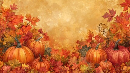 A picturesque autumn scene with a collection of pumpkins set upon a blanket of colorful fall leaves. The pumpkins are various sizes and hues, surrounded by a rich mix of autumn foliage. The