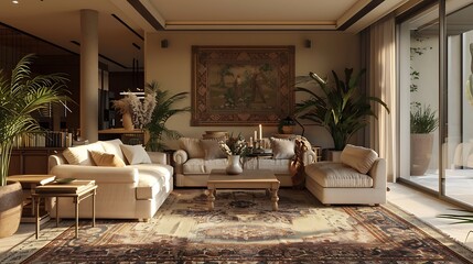 Write about the cozy feel of a family room with plush sofas and a large rug 