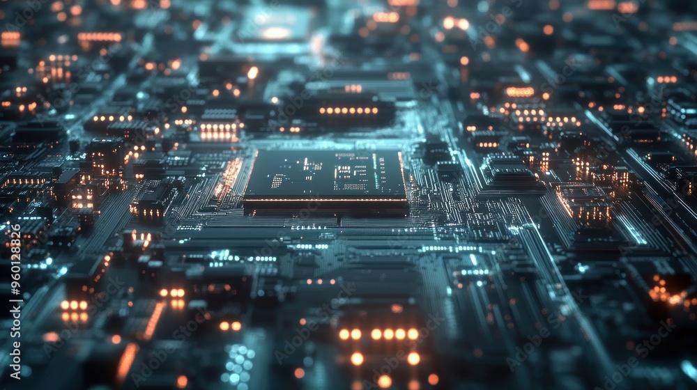 Aufkleber a close-up view of a futuristic circuit board with glowing components and intricate details.