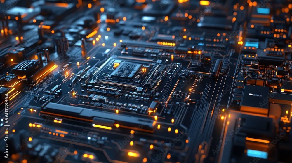 Poster a close-up view of a futuristic circuit board with glowing elements.