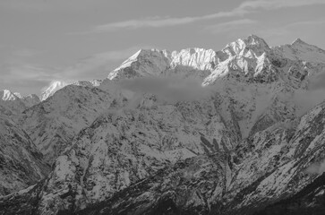 Himalaya mountain range, Peaks and glaciers of the Great Himalayas, Munsiyari, Kumaon region, Uttarakhand, India. Asia. background, cover, poster, wallpaper, soft focus