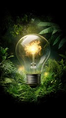 A warm light bulb illuminates the surrounding dense jungle greenery, highlighting the contrast between artificial light and natural elements