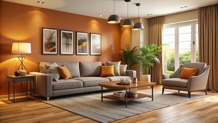 Fototapeta premium Peanut butter-colored walls and sleek grey furniture create a warm and inviting living room with a cozy modern