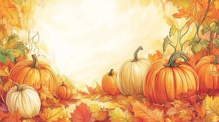 An inviting autumn harvest scene featuring a collection of pumpkins placed on a blanket of vibrant fall leaves. The pumpkins are different sizes and colors, set against a warm, golden light that