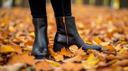 Close-up of black ankle boots standing on a layer of colorful autumn leaves. The image conveys the cozy and stylish aspects of autumn fashion, perfect for seasonal marketing and outdoor adventure